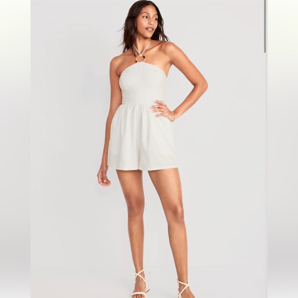 Linen Blend O Ring Halter Romper.